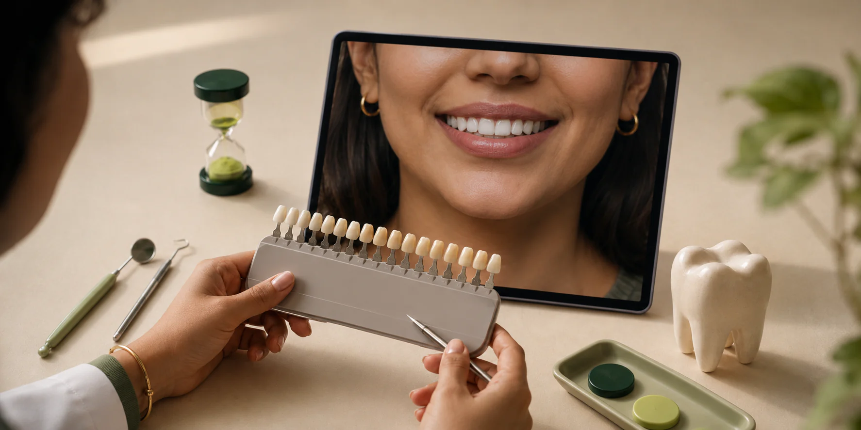 Dentist comparing a dental shade guide during cosmetic treatment planning