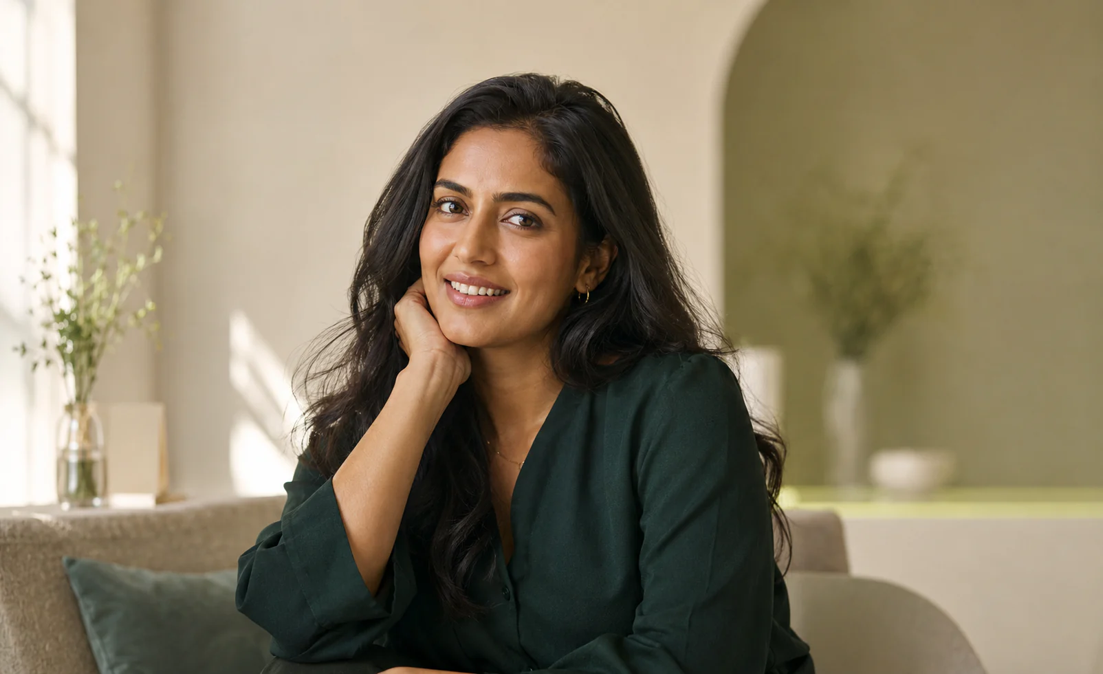 Woman with a natural healthy smile in a refined editorial portrait