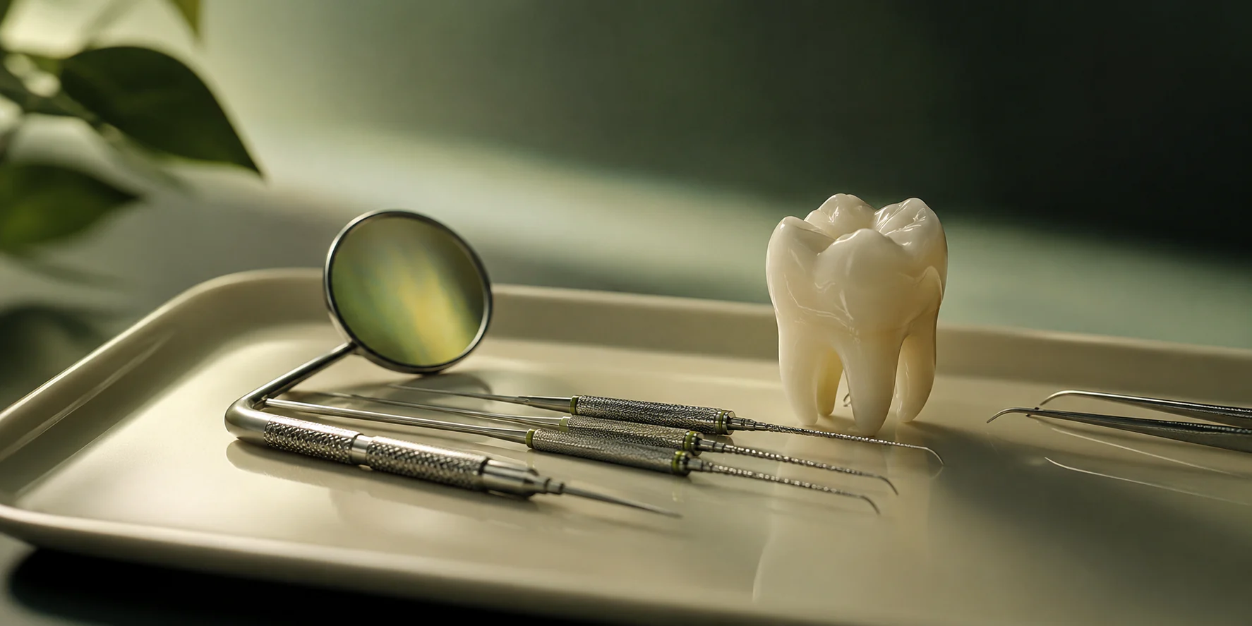 Endodontic instruments and dental mirror arranged for precise root canal care