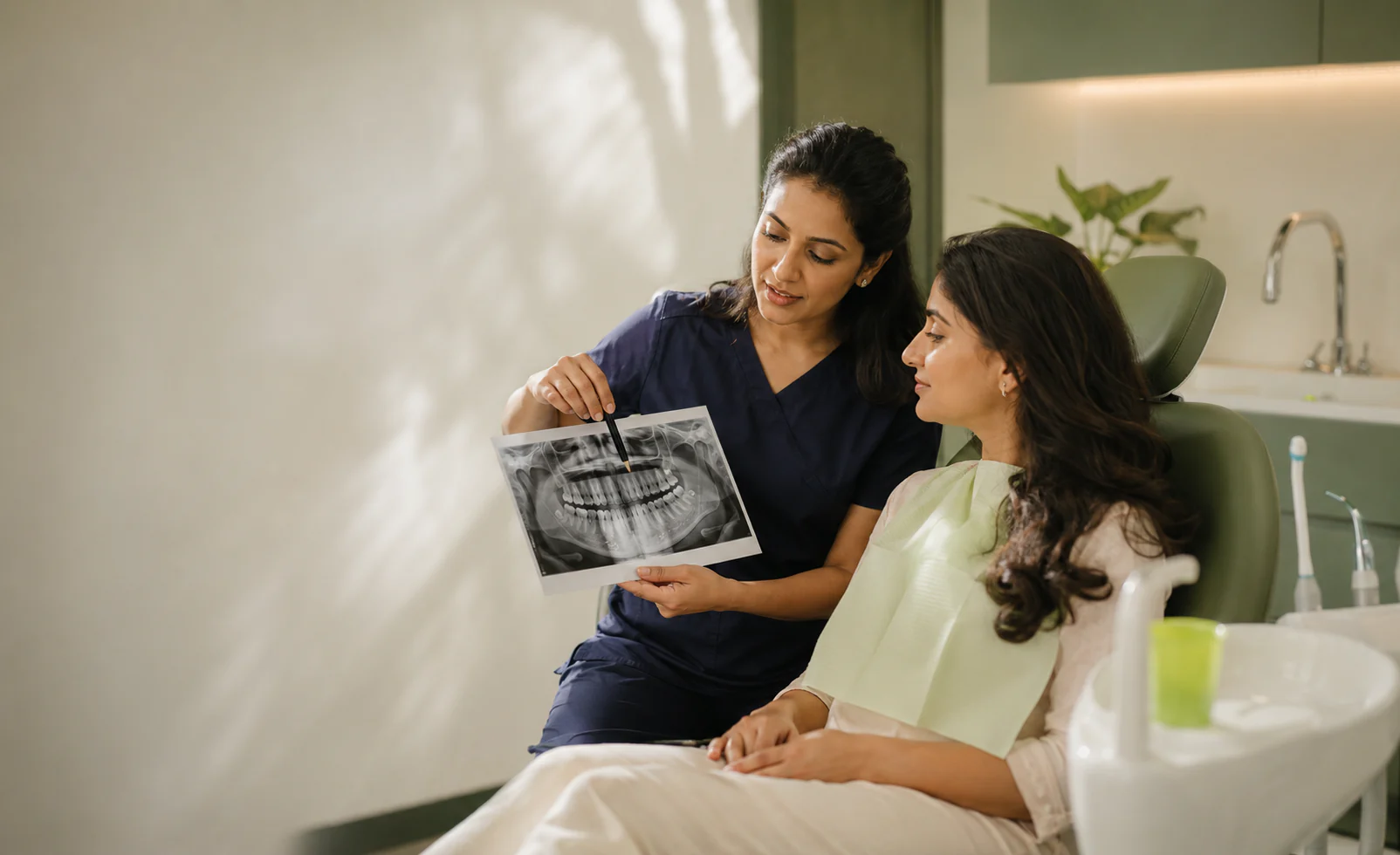 Dentist reviewing a dental scan with a patient during a root canal consultation