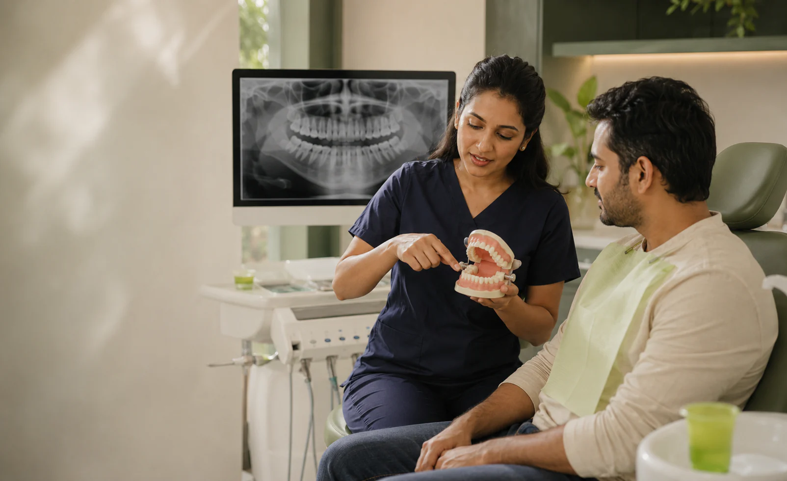 Dentist discussing a wisdom tooth assessment with a patient